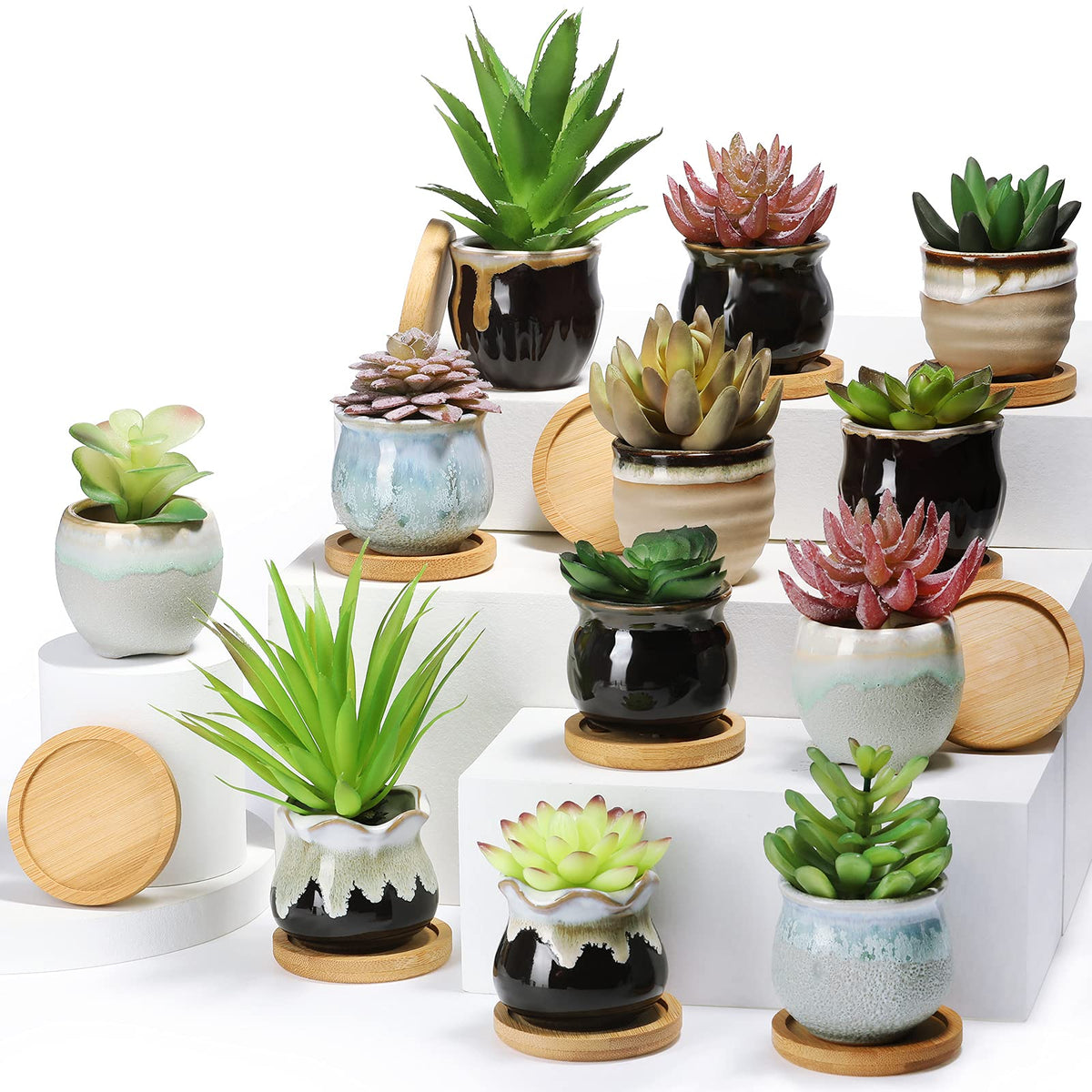 Remerry front view of 12 colorful pots showing variety and coordinated look