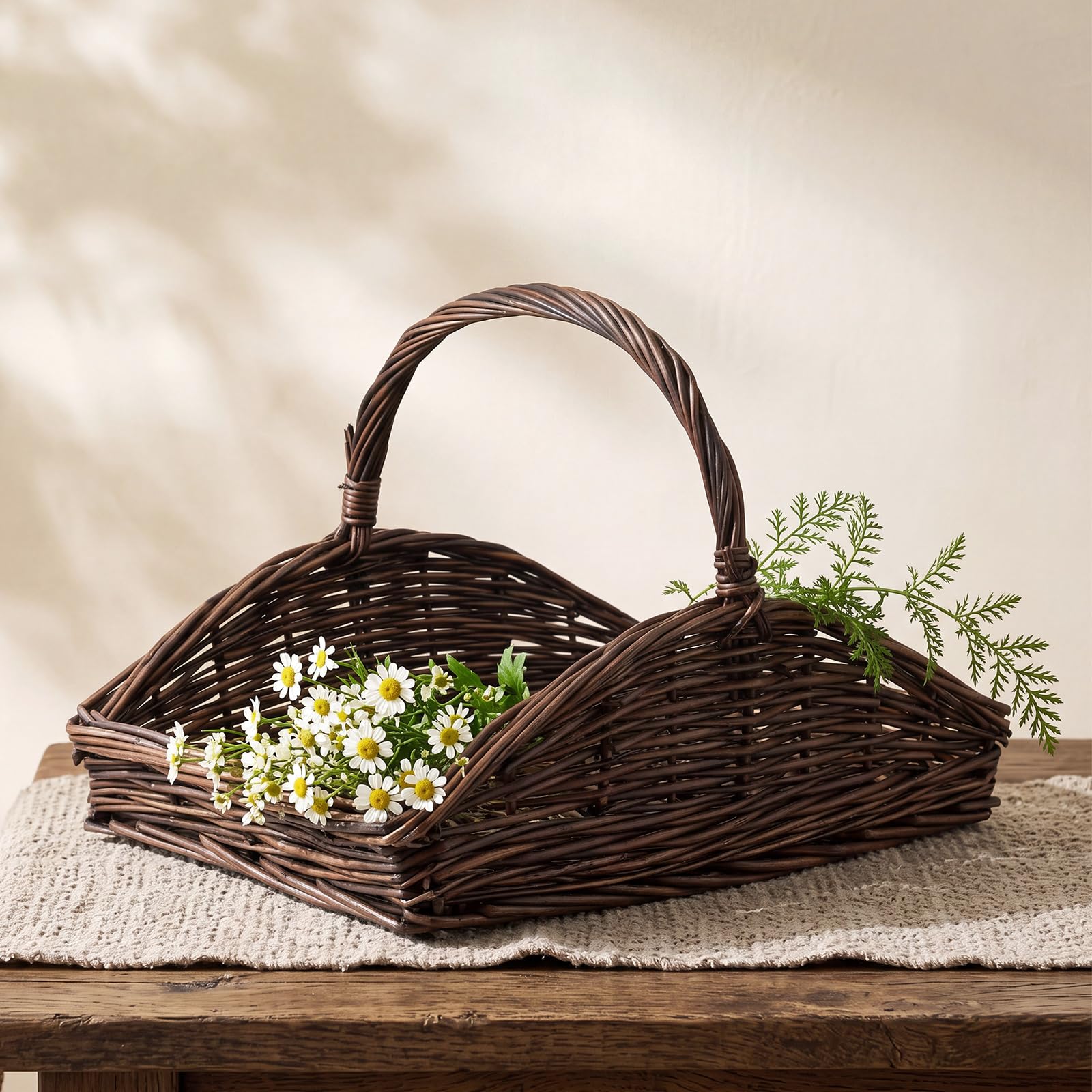 Remerry front view of wicker basket showing shape and walnut brown finish, stylish storage