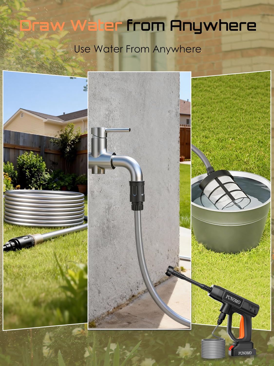 Rendoo suction hose connection showing bucket water source flexibility benefit