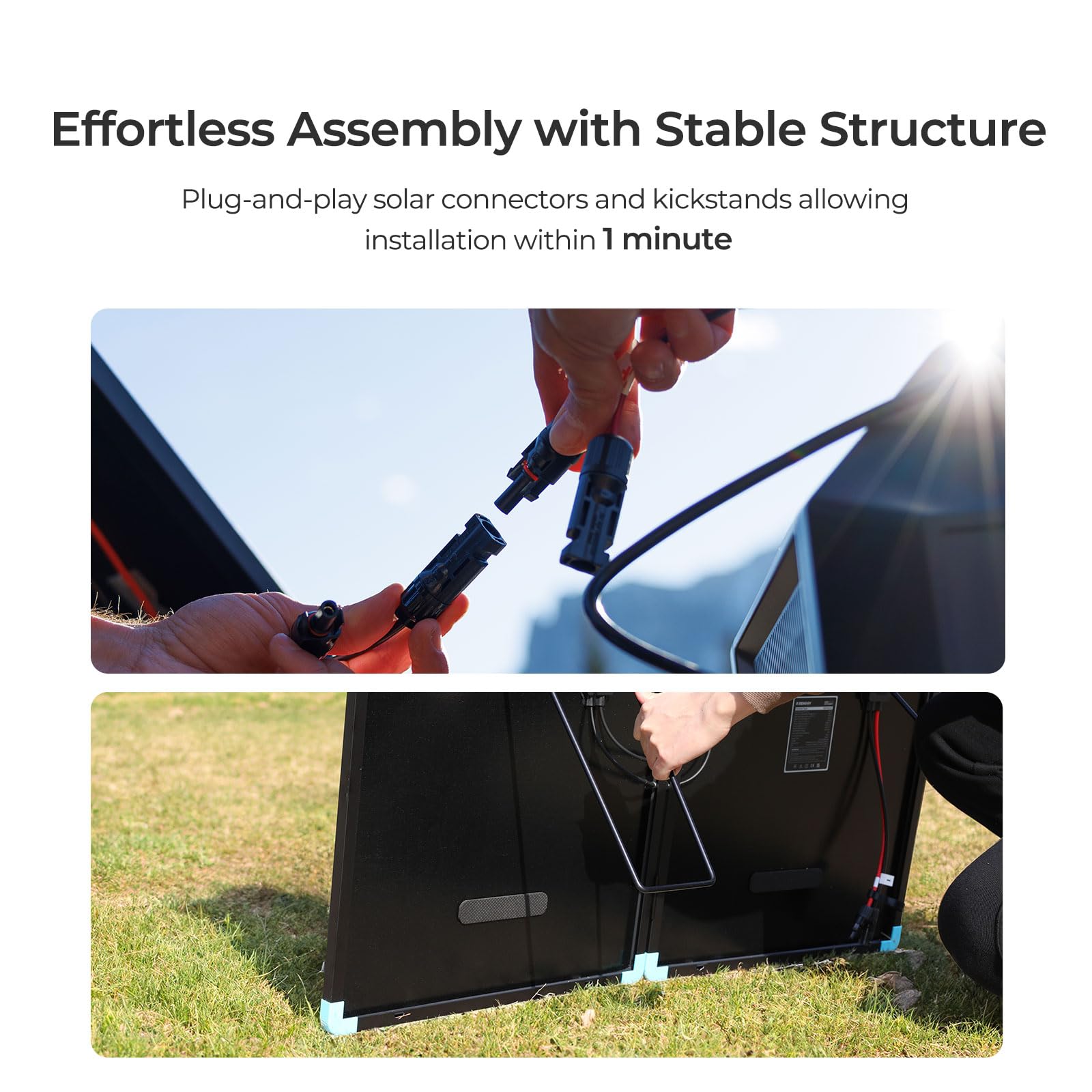 Renogy kickstands propped demonstrating one‑minute setup and stable tilt