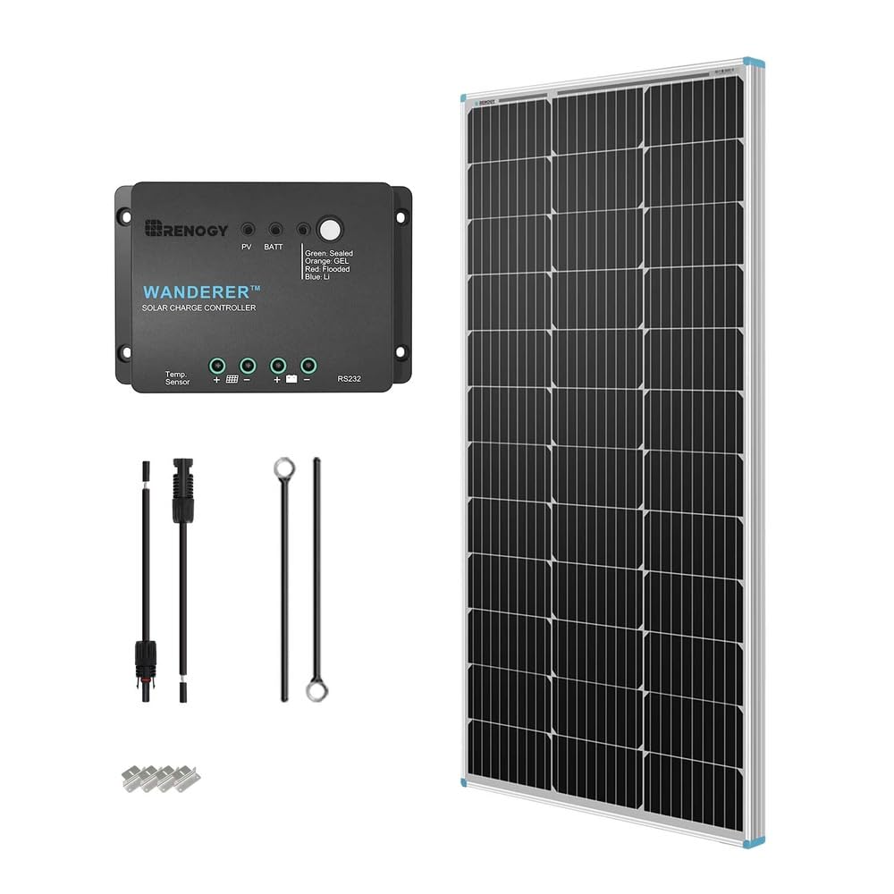 Renogy 100W panel front view showing durable frame and branding, dependable outdoor power