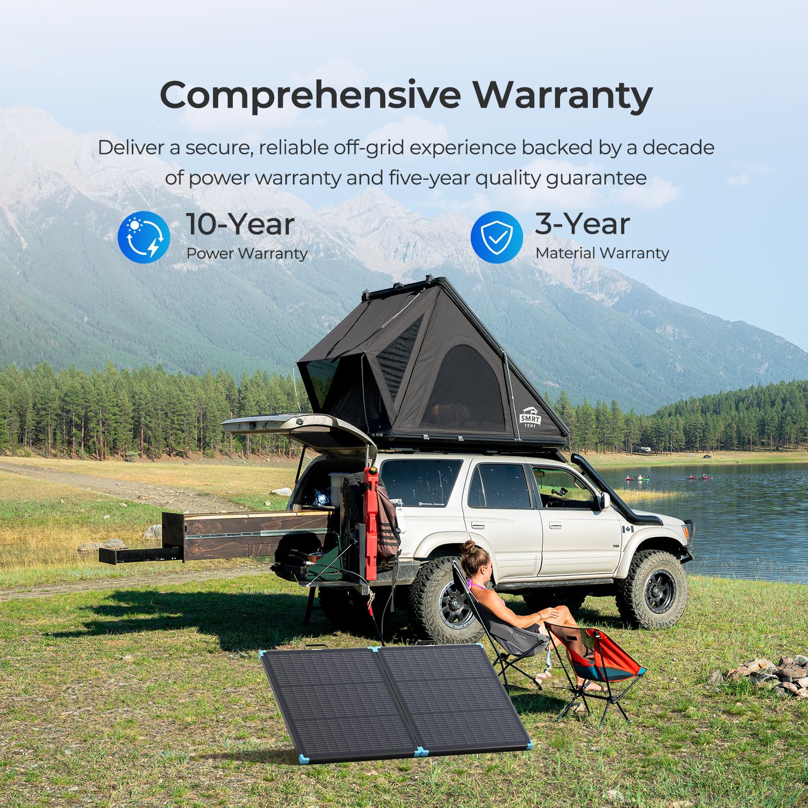 Renogy beside backpack showing 8.86 lb lightweight benefit for travel