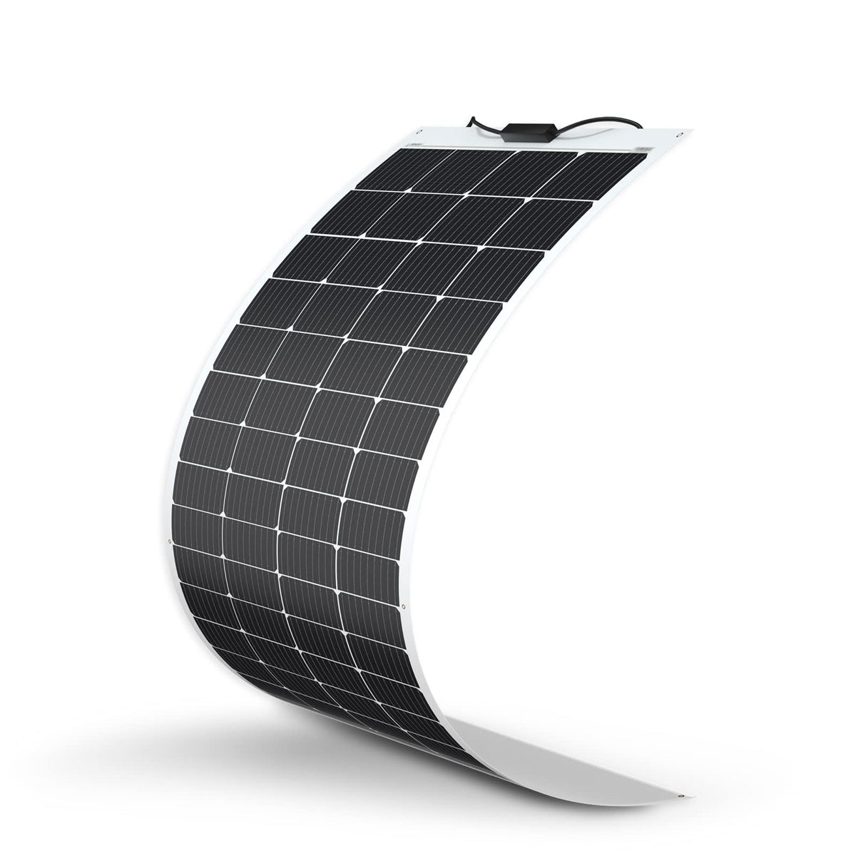 Renogy front view of 200W flexible solar panel showing sleek all‑black finish and high output
