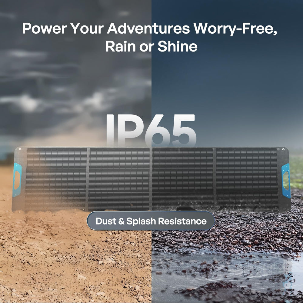 Renogy 200W panel at a campsite powering devices for outdoor convenience