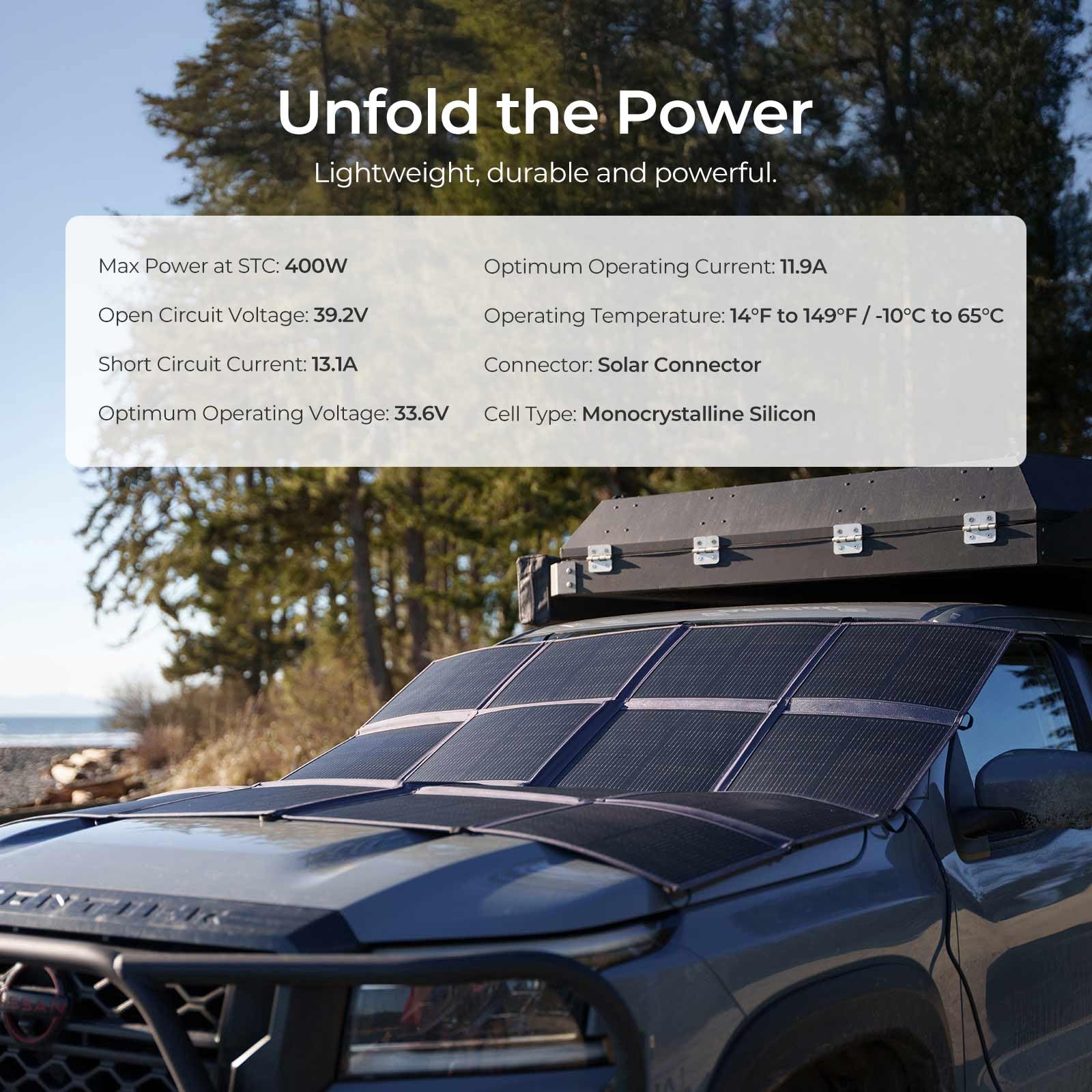 Renogy unfolded 400W solar blanket deployed to capture maximum sunlight efficiently