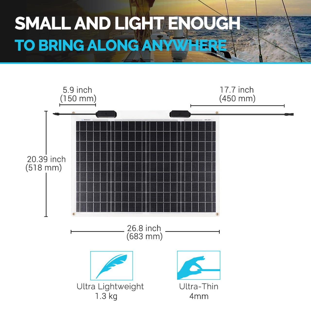 Renogy panel beside ruler showing ultra-thin thickness and lightweight transport benefit