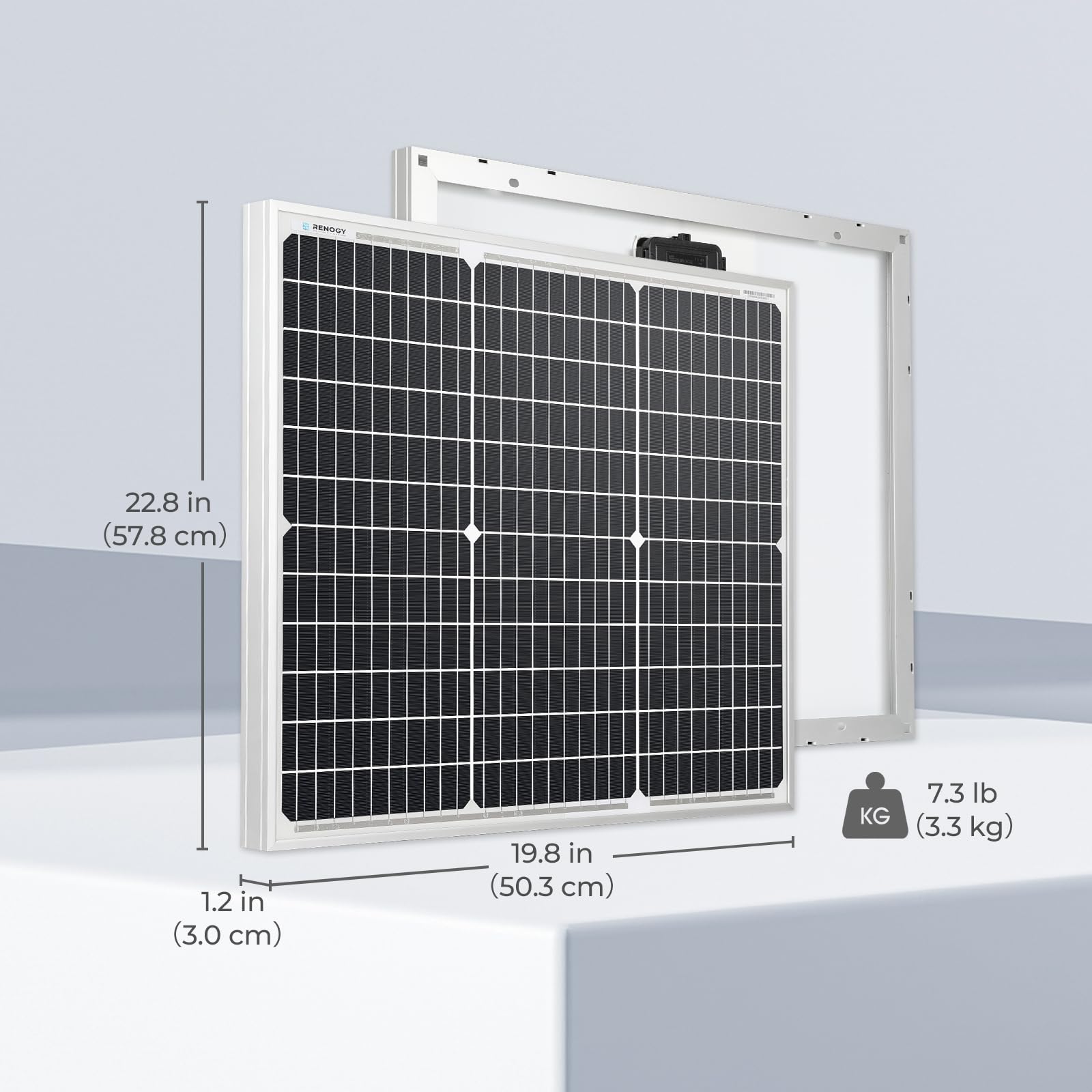 Renogy packaged panel with label showing ready-to-install convenience benefit
