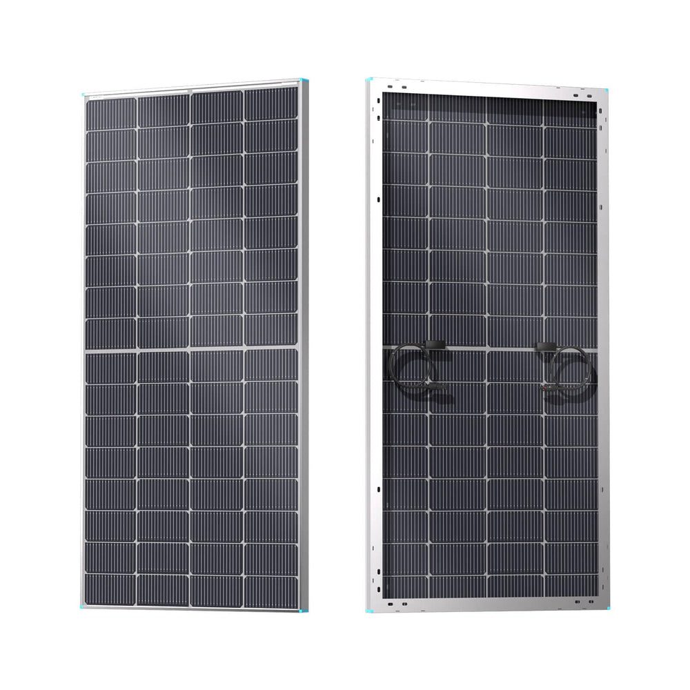 Renogy front panel view showing high-efficiency cells and clean finish increasing yield