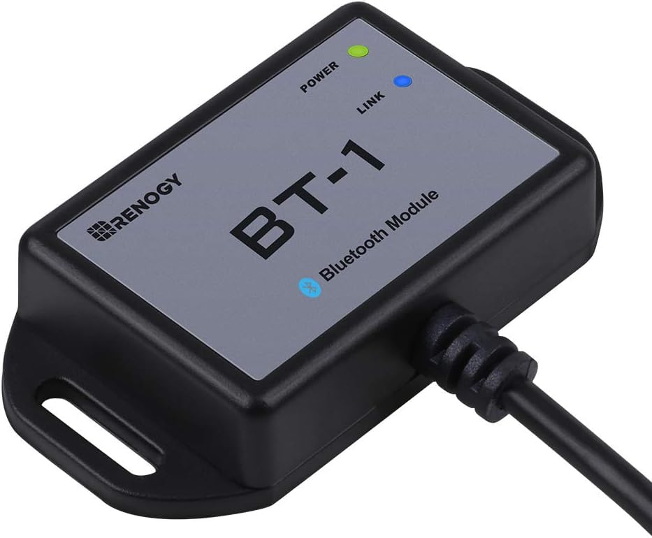 Renogy BT-1 front view showing compact Bluetooth module and casing, enabling wireless monitoring