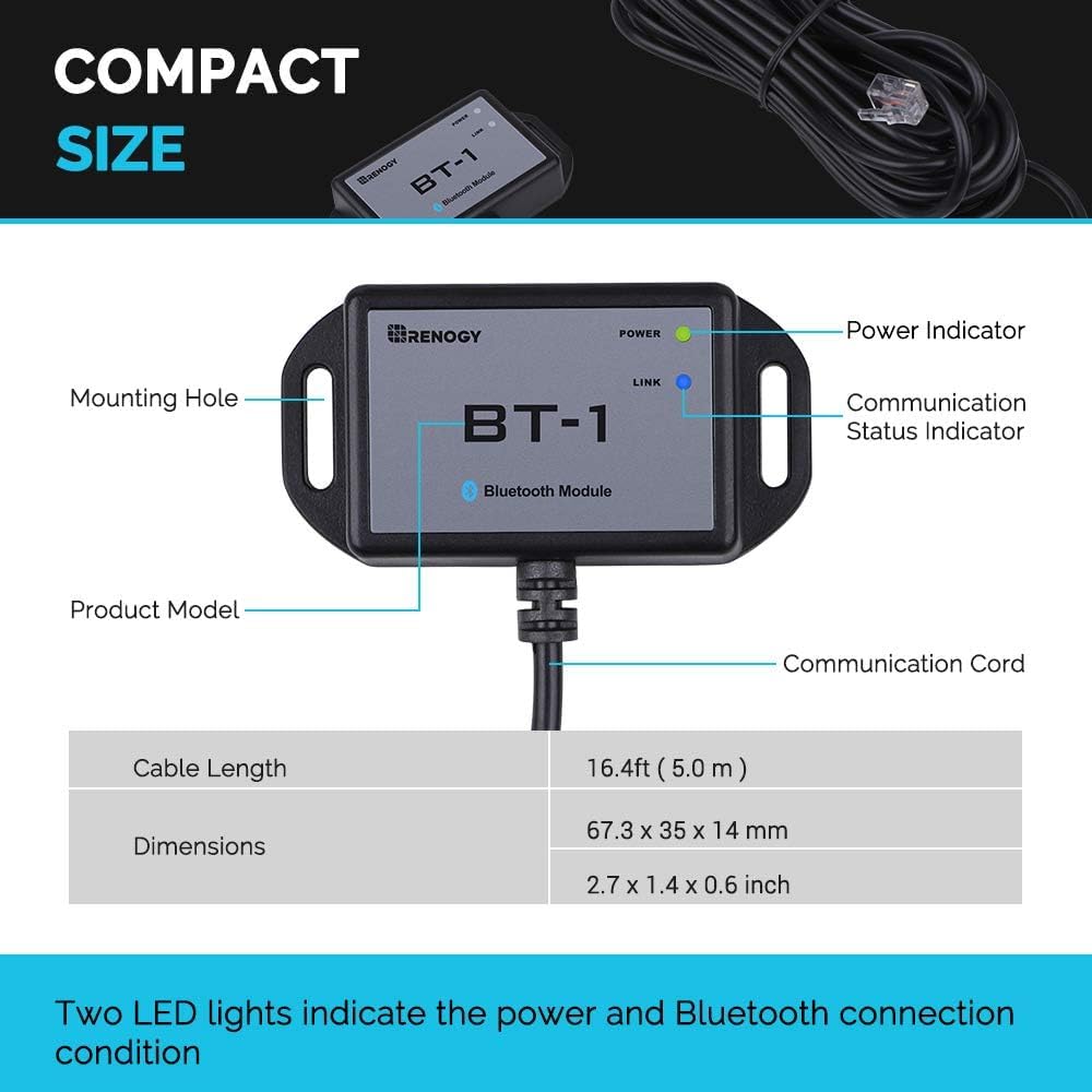 Renogy BT-1 in RV solar setup with smartphone app open, enabling remote system checks