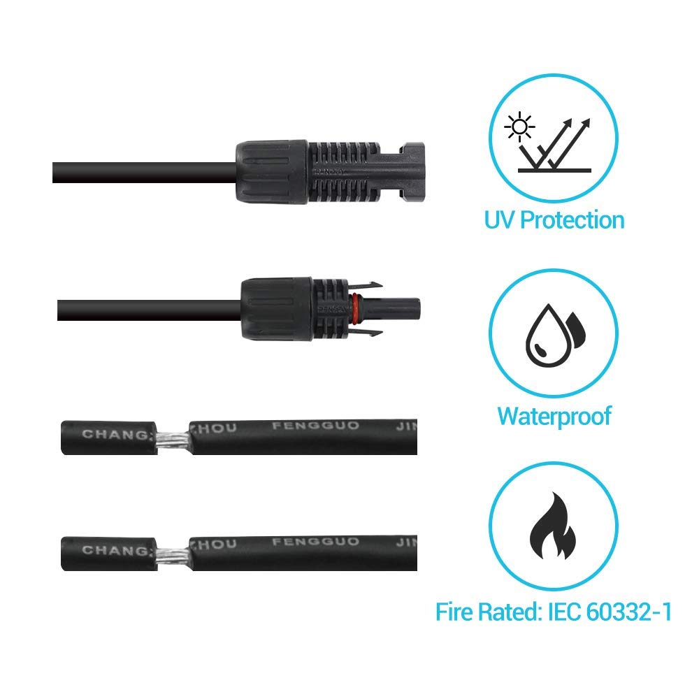 Renogy cable coiled to display full 20ft length and weatherproof jacket advantage