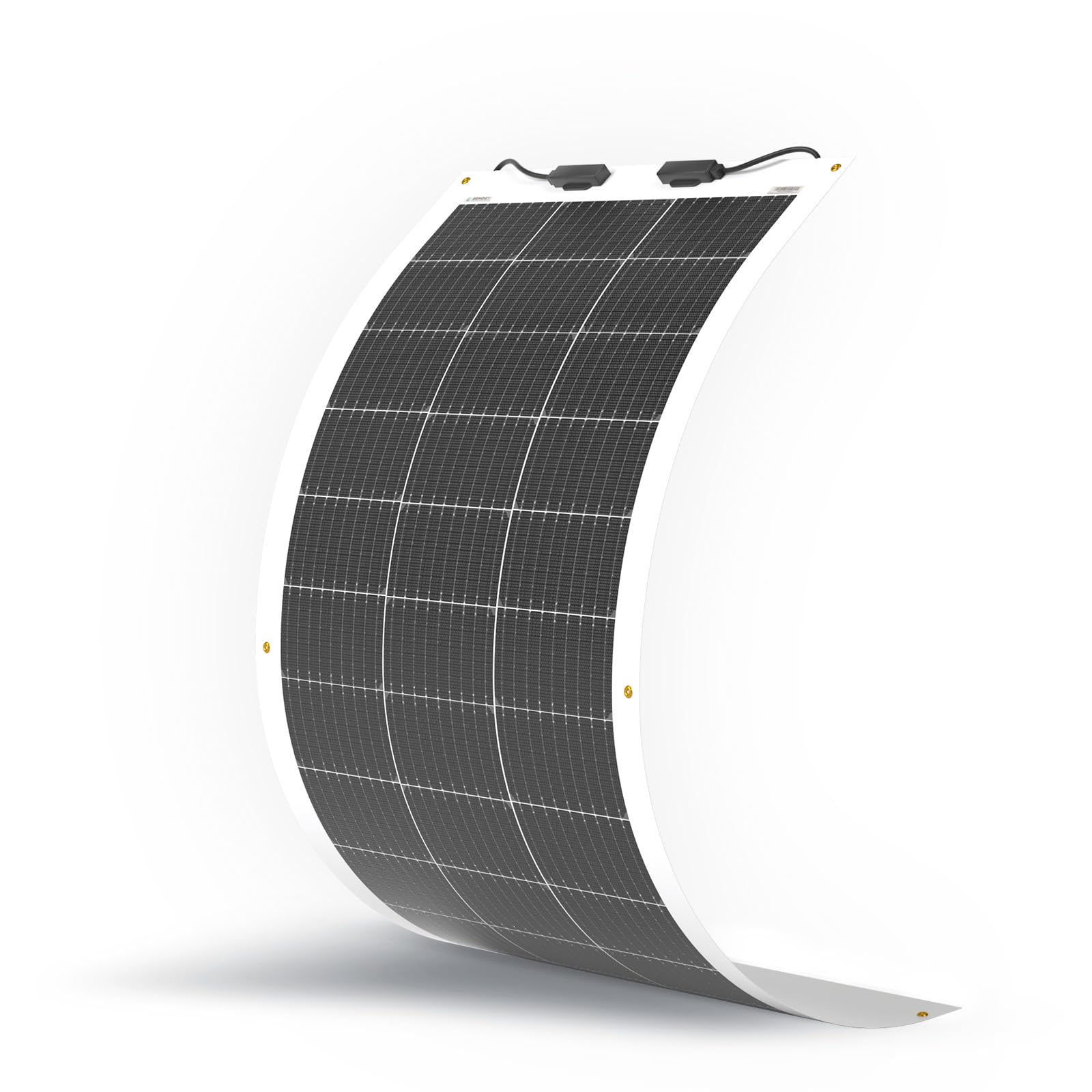 Renogy front view of flexible 100W panel showing slim profile and easy mounting benefit