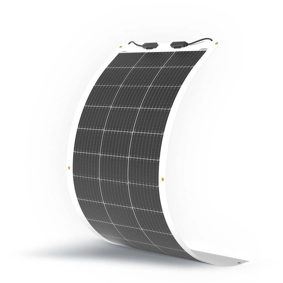 Renogy front view of flexible 100W panel showing slim profile and easy mounting benefit
