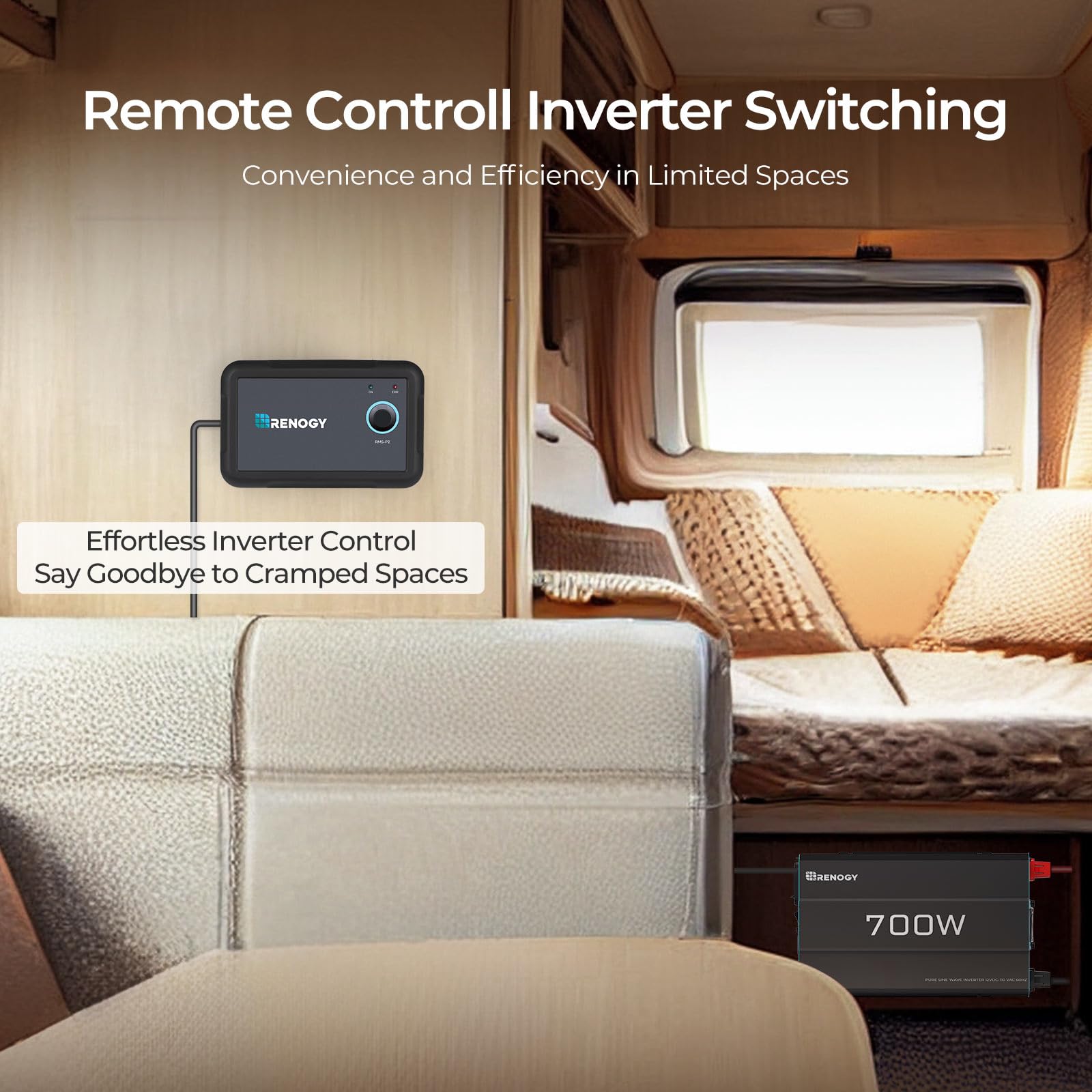 Renogy inverter P2 installed in an RV illustrating compact placement and usability