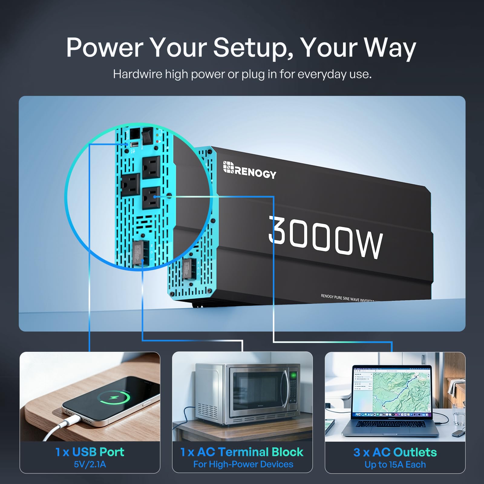 Renogy wired remote controller placed beside inverter for convenient reach
