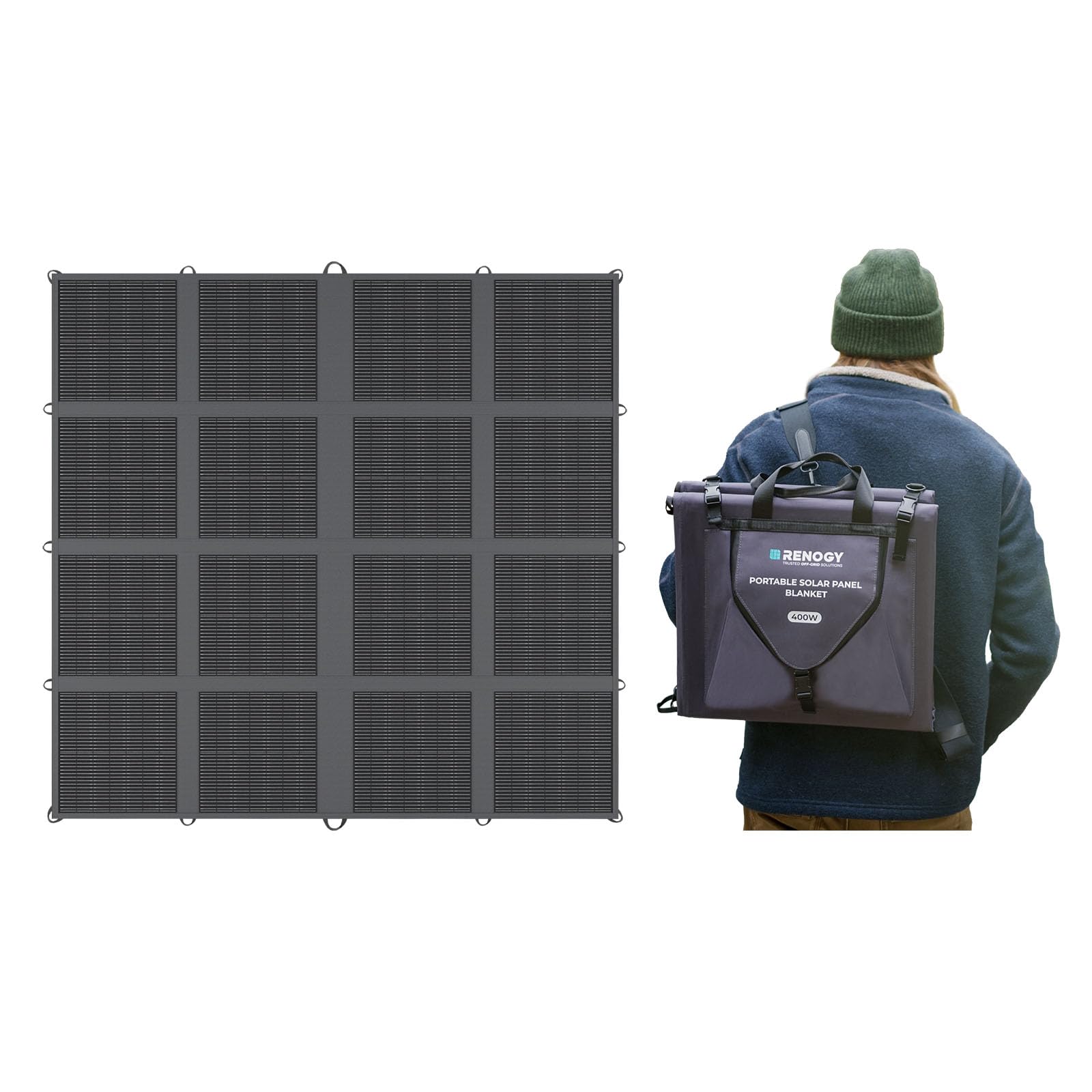 RENOGY REGO front view showing compact folded blanket and travel-ready benefits