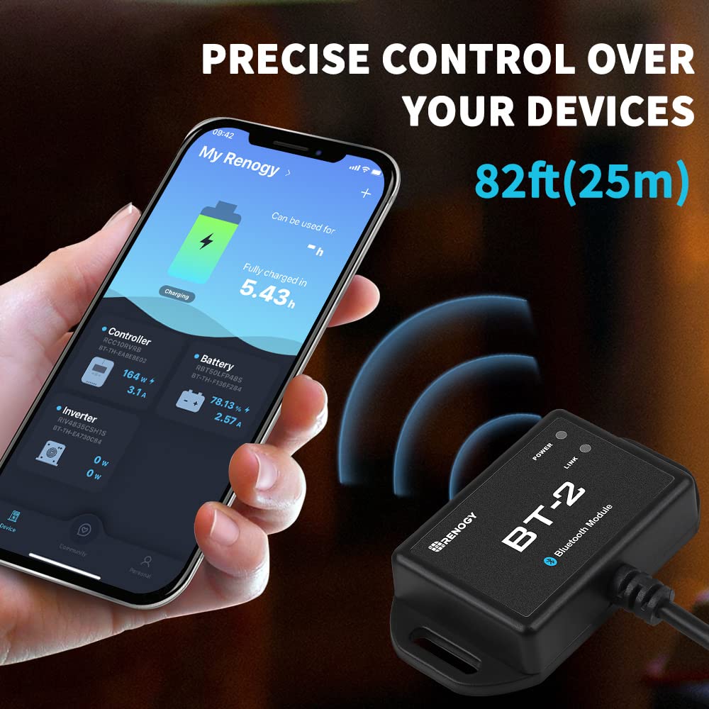 RENOGY REGO BT-2 paired with DC Home App live-data screen showing voltage and current at a glance
