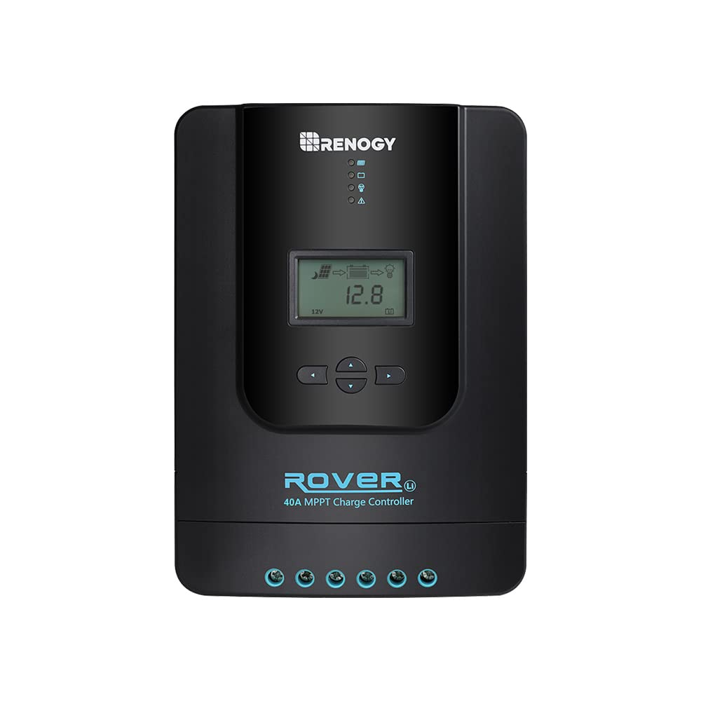 Renogy Rover 40A front panel LCD showing status and easy controls for clear monitoring