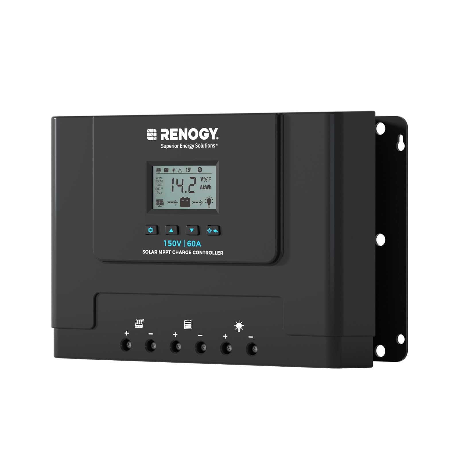 Renogy Rover Lite 60A front panel showing controls and benefits easy configuration