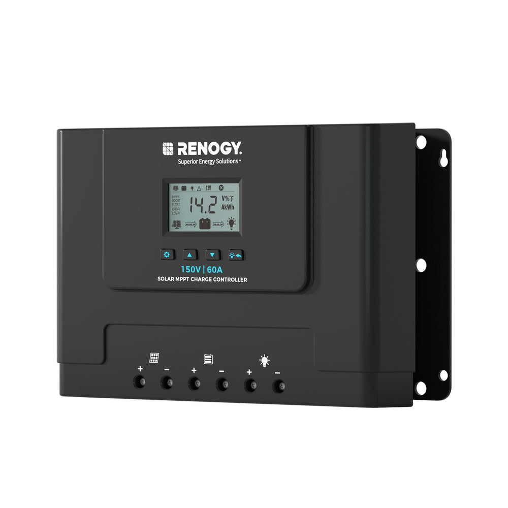 Renogy Rover Lite 60A front panel showing controls and benefits easy configuration