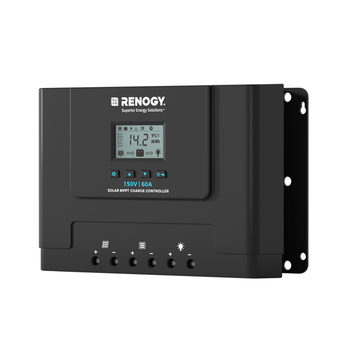 Renogy Rover Lite 60A front panel showing controls and benefits easy configuration