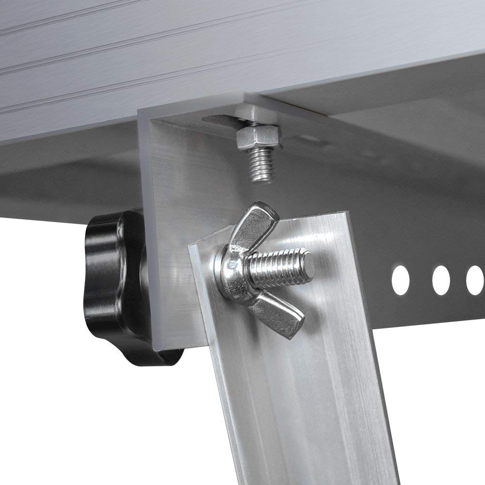 Renogy brackets beside a ruler showing compact 28-inch scale for easy storage