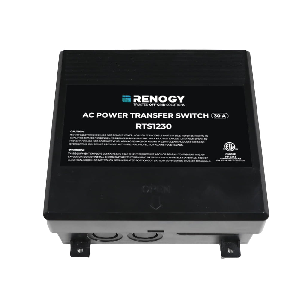 Renogy transfer switch front panel showing compact durable housing and easy mounting