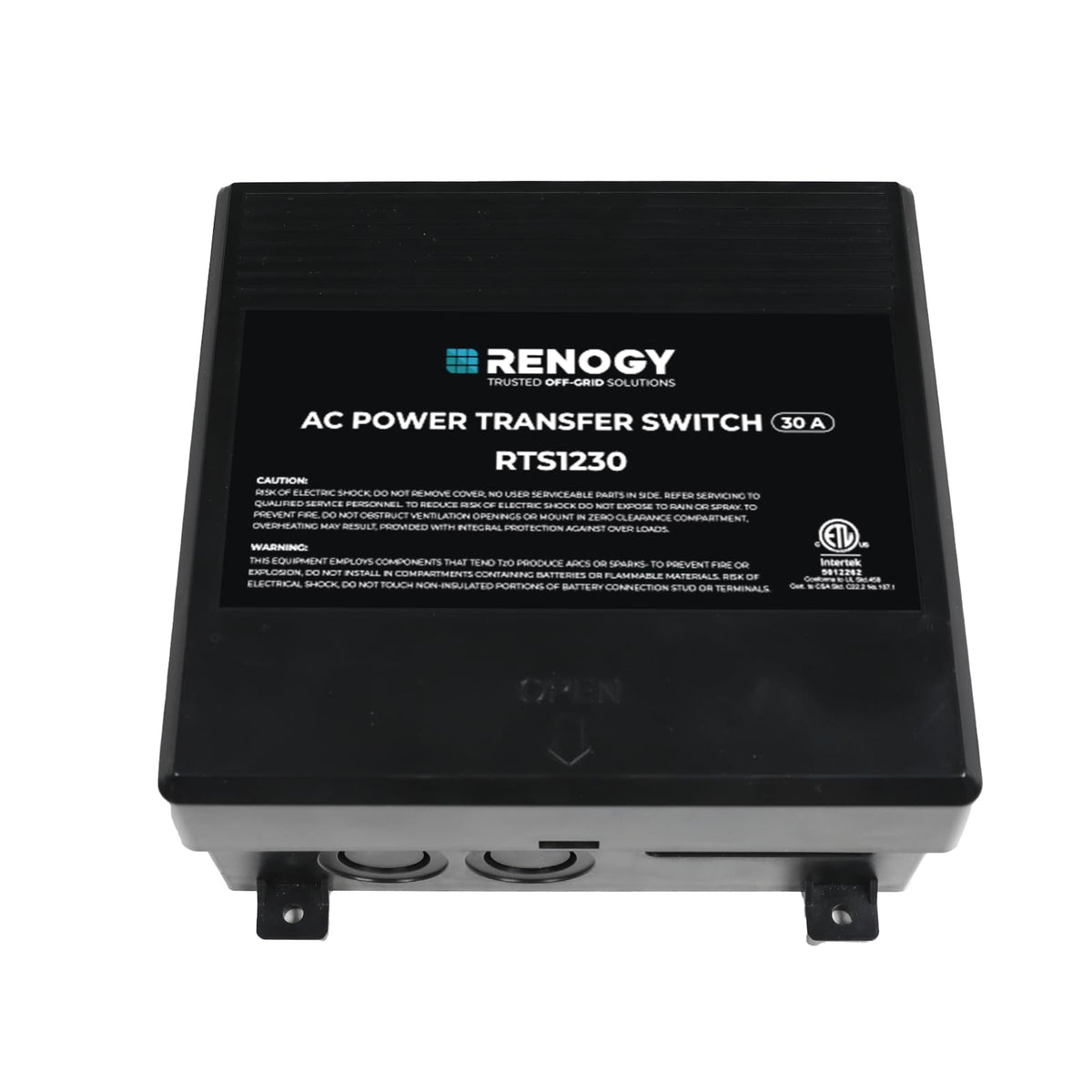 Renogy transfer switch front panel showing compact durable housing and easy mounting
