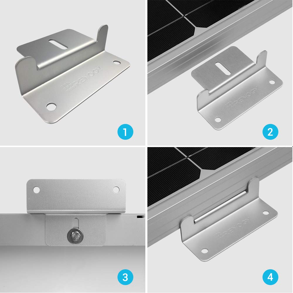Renogy bracket detail with bolt and washer highlighting pre-assembled convenience