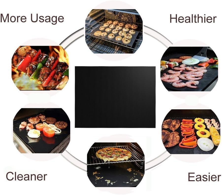 Renook mat placed on gas grill with food cooking, preventing flare-ups and holding small items