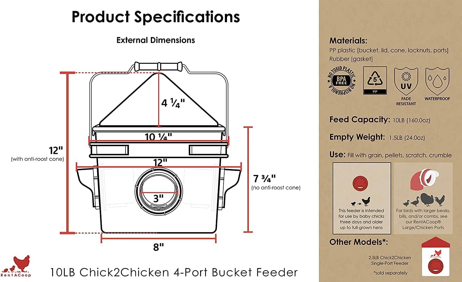 RentACoop close-up of feeder ports with sliding covers to reduce waste