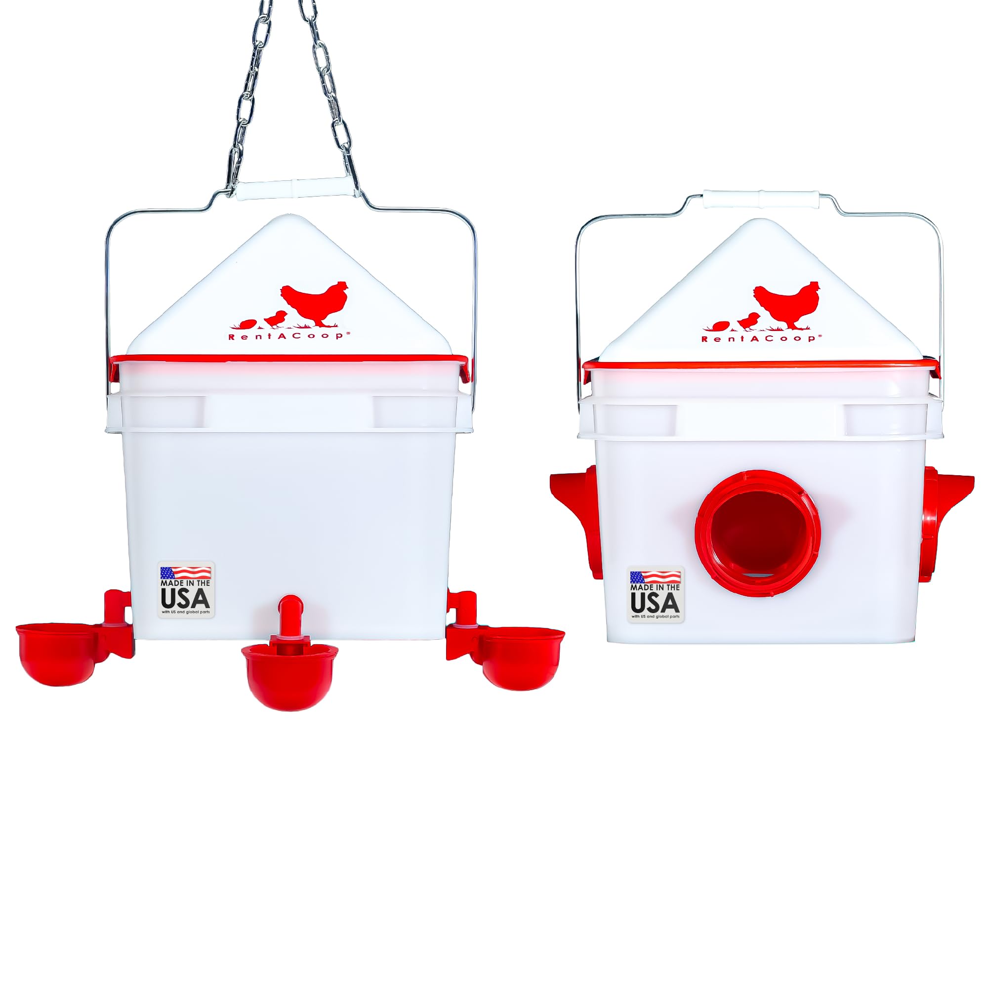 RentACoop front view of full feeder and waterer set showing convenience