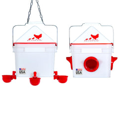 RentACoop front view of full feeder and waterer set showing convenience