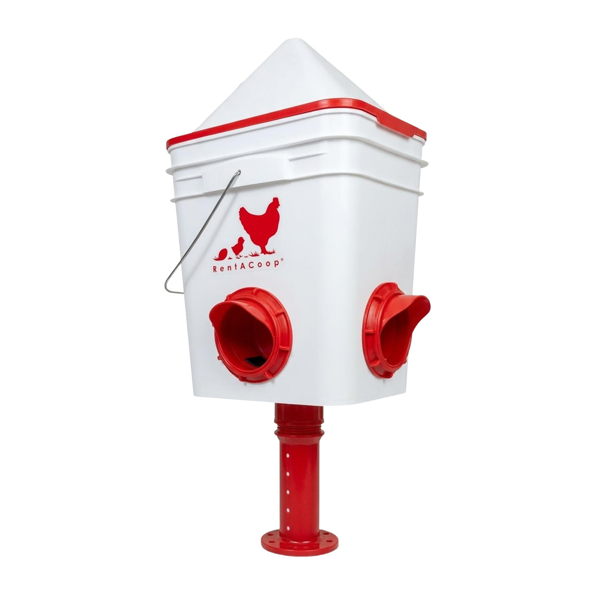RentACoop feeder front view showing four-port design and durable bucket, improves feeding efficiency