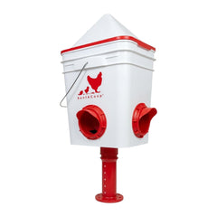 RentACoop feeder front view showing four-port design and durable bucket, improves feeding efficiency