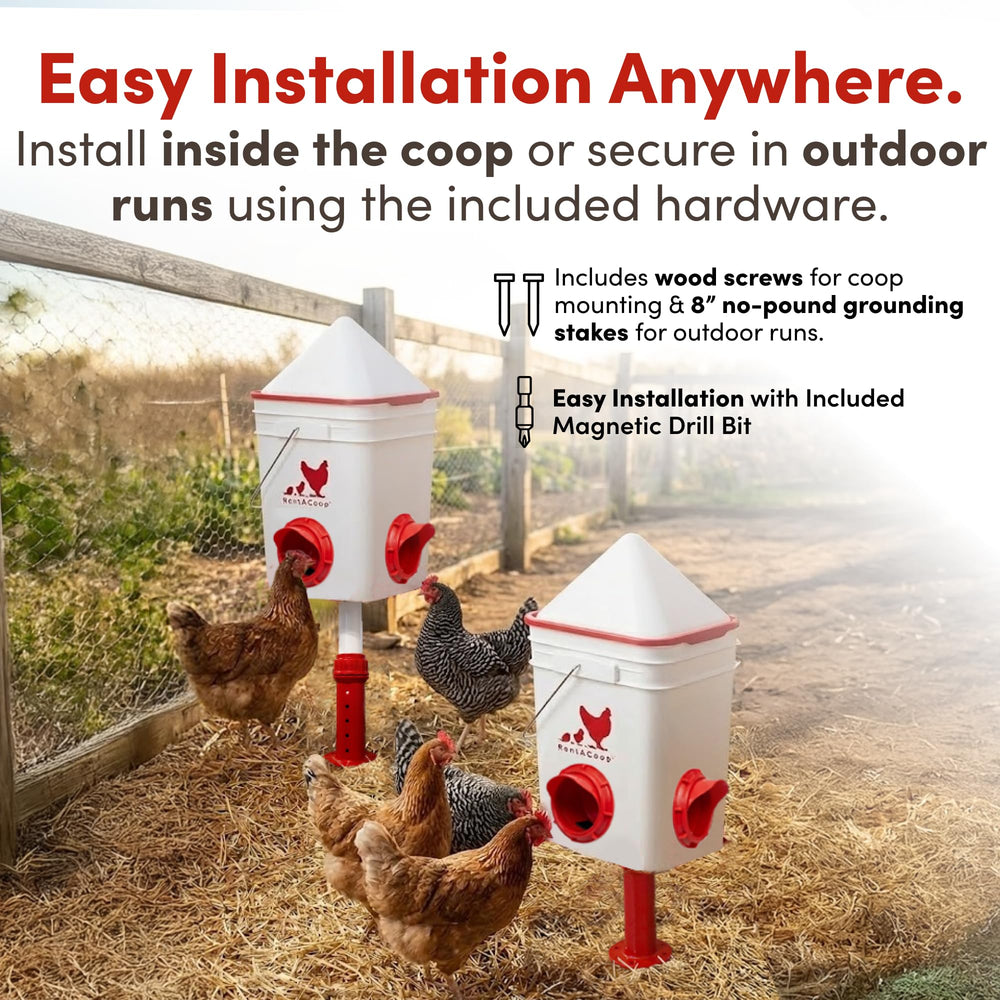 RentACoop feeder sliding port close-up illustrating pest-blocking cover and simple operation