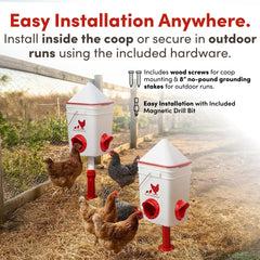 RentACoop feeder sliding port close-up illustrating pest-blocking cover and simple operation