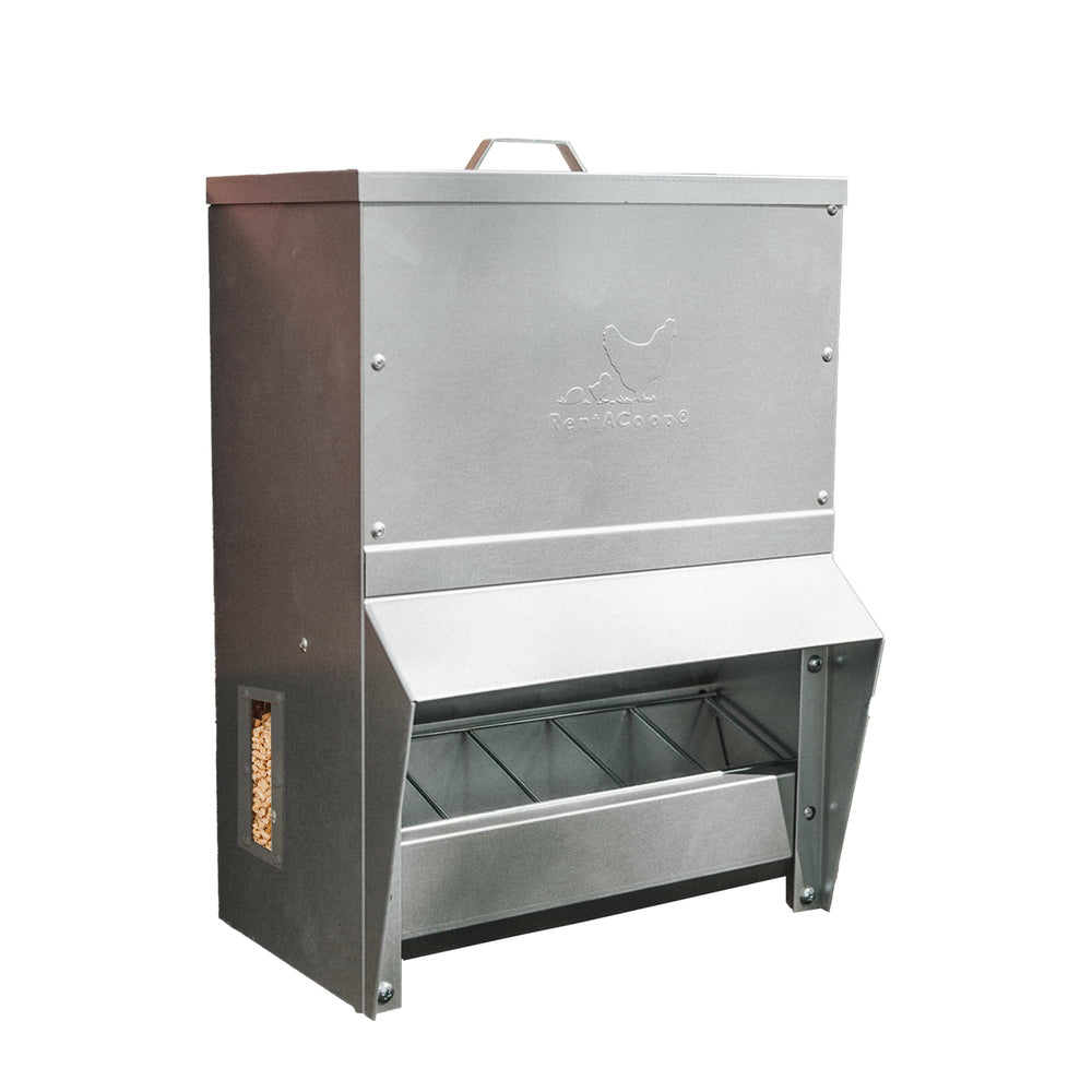 RentACoop front view of 25lb metal trough feeder showing durable build and lid