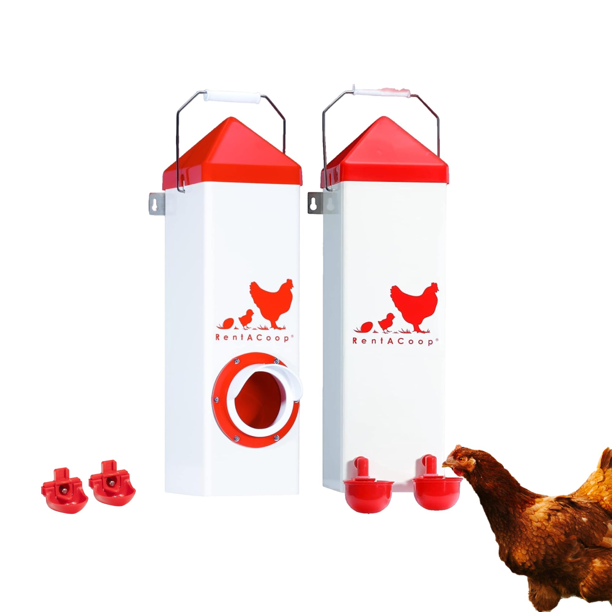 RentACoop front view of feeder and waterer set showing compact benefit