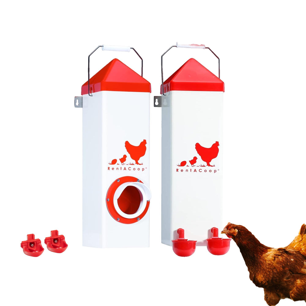 RentACoop front view of feeder and waterer set showing compact benefit