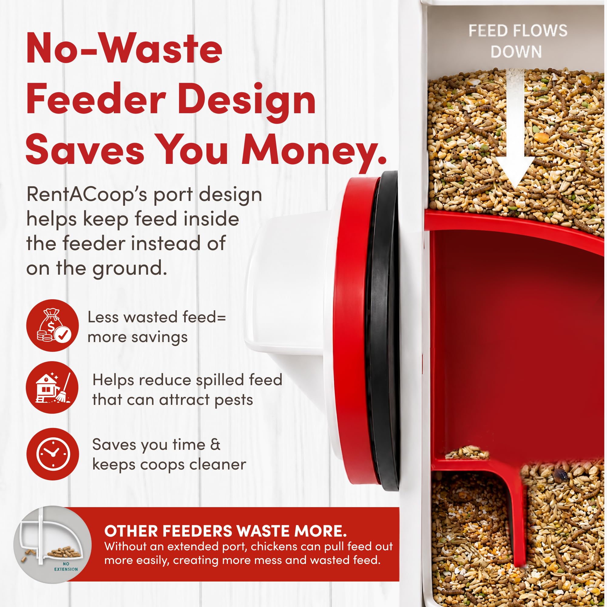 RentACoop feeder and waterer mounted to coop wood for secure fit