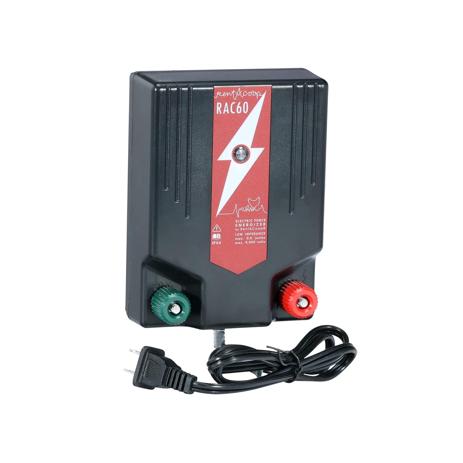 RentACoop front view of RAC60 energizer showing compact design and easy mounting benefit