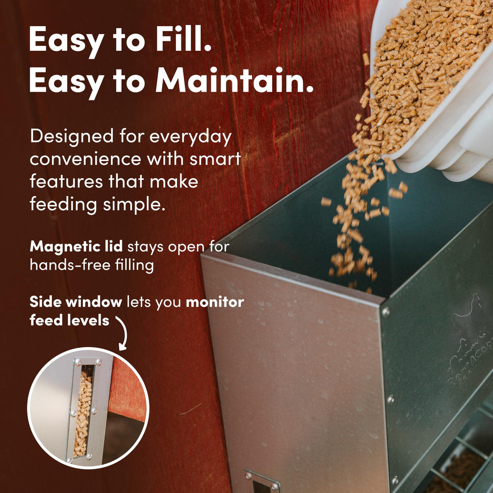 RentACoop next to 25lb feed bag showing capacity and scale advantage