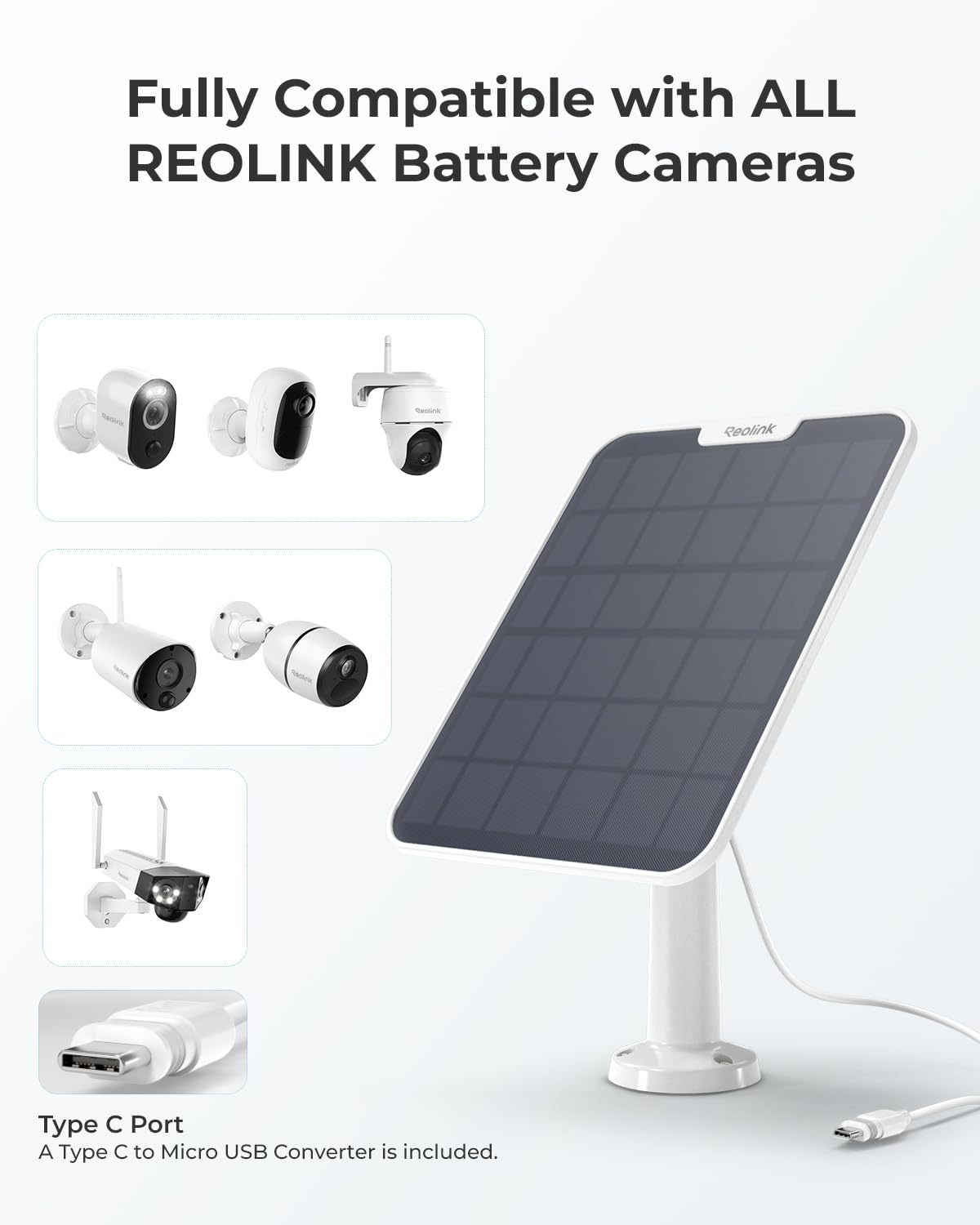REOLINK panel connected to battery camera showing continuous power supply benefit