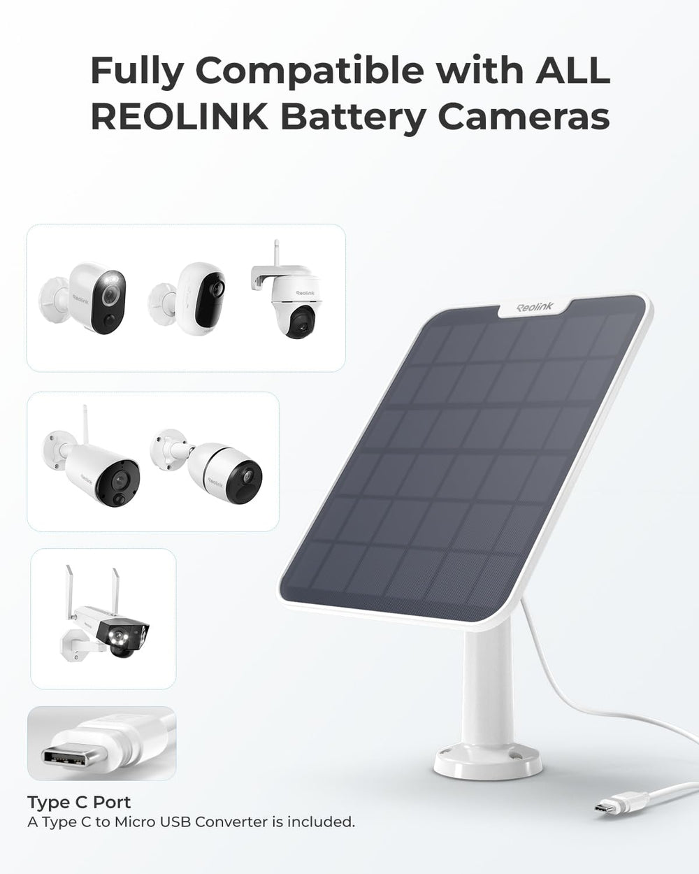 REOLINK panel connected to battery camera showing continuous power supply benefit
