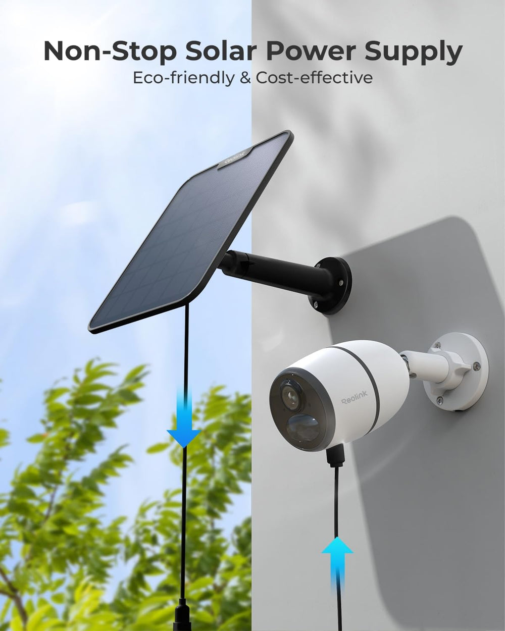 REOLINK solar panel mounted on garage providing continuous outdoor camera power