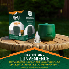 Repel Realm Zone on a patio table with guests enjoying mosquito-free area