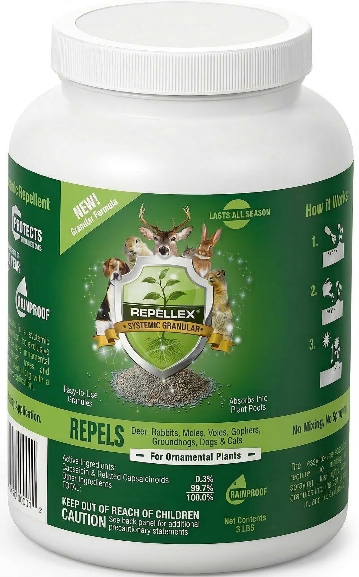Repellex 3 lb front packaging showing product and benefits