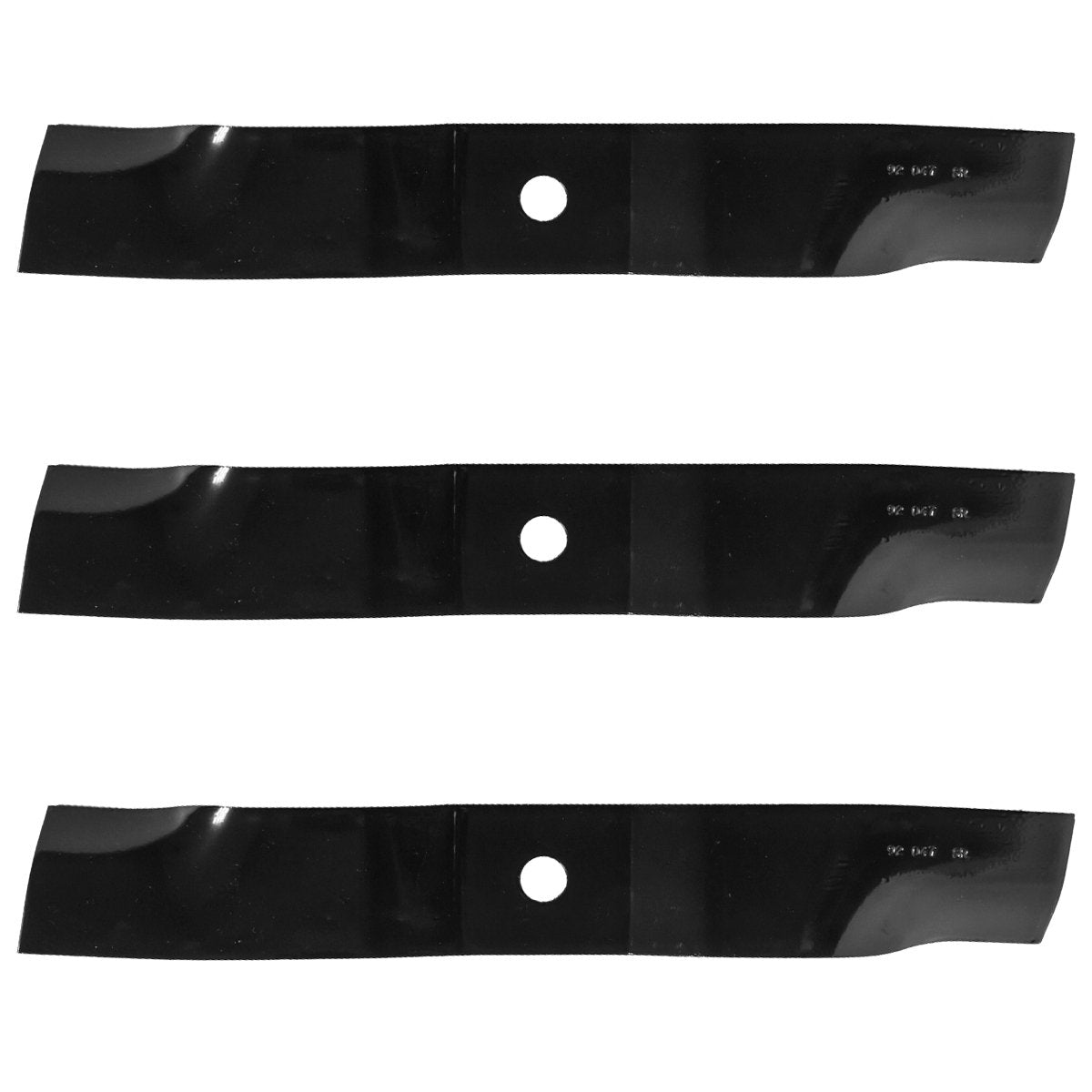Replaces Kubota front view of three Oregon 92-047 blades showing bolt holes and fit