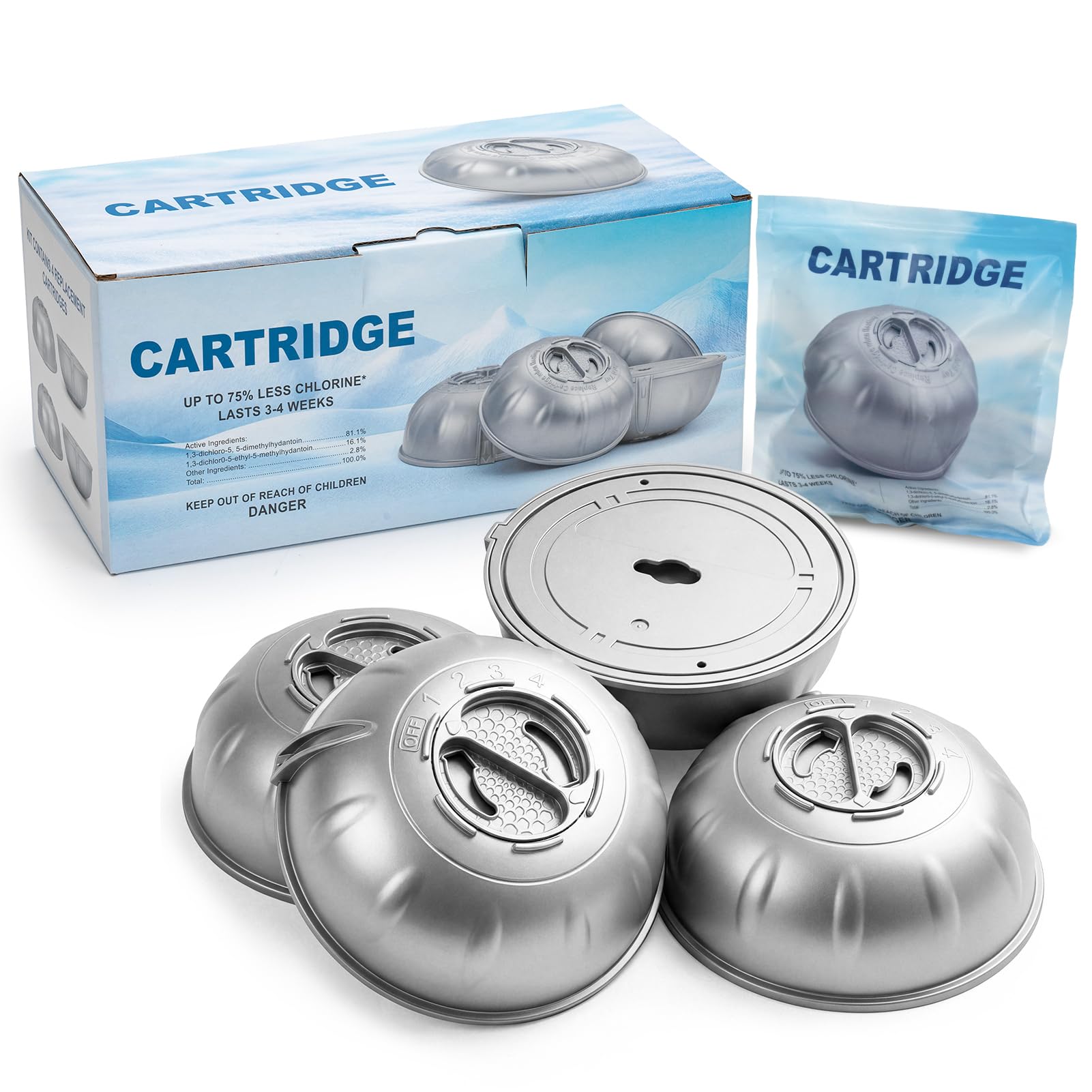Replizo front packaging showing four replacement cartridges and benefits